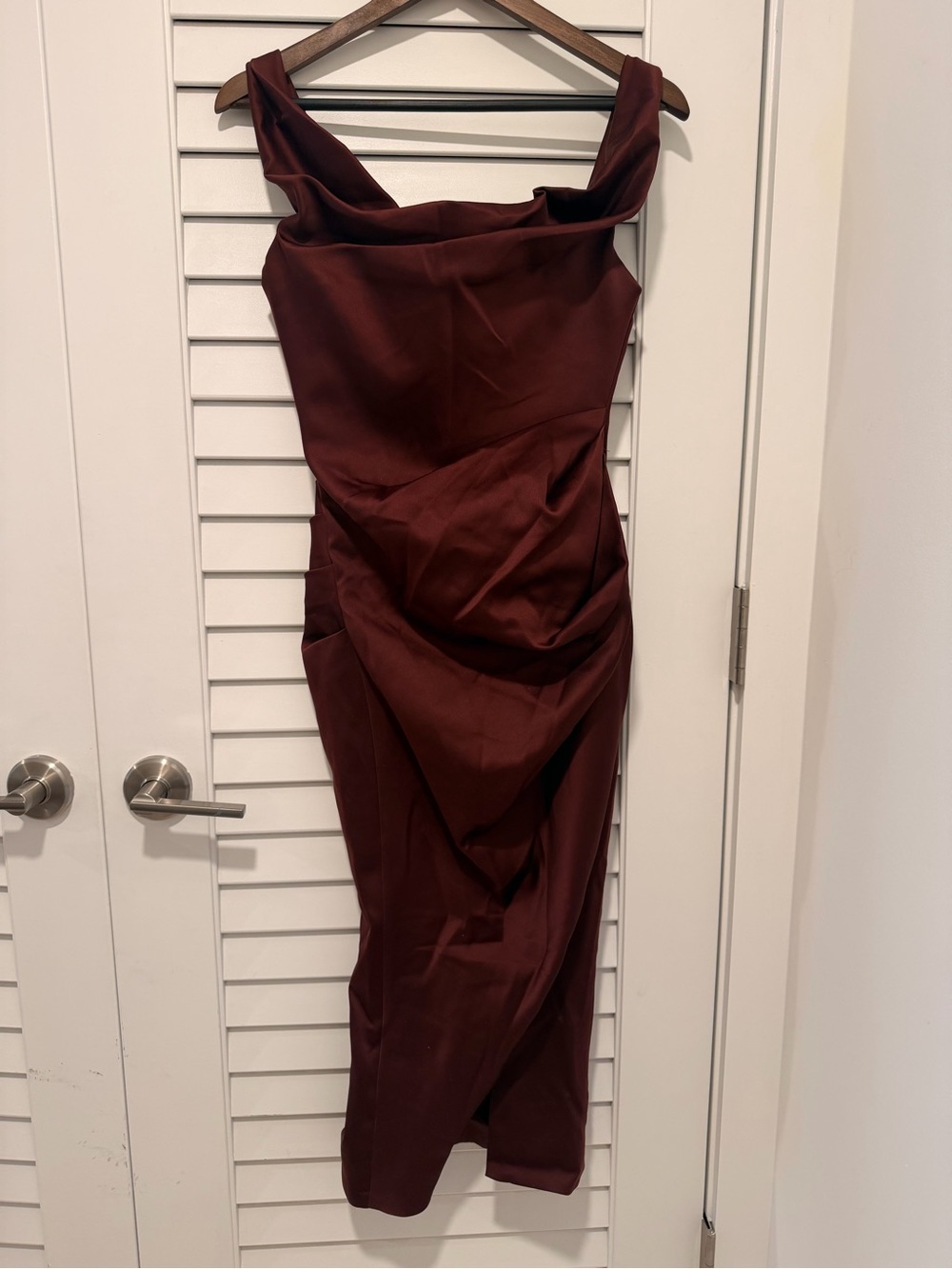 House of CB Wine Satin Cowl Midi Dress